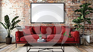 Living room interior with red sofa, coffee table and mock up poster. 3d render.