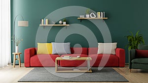 A living room interior with a red sofa with a wooden floor on a green wall, 3d rendering