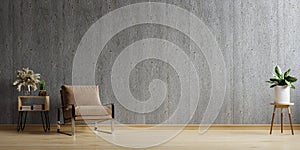 Living room interior room concrete wall mockup has an armchair on empty dark wall background