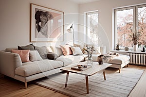 Living room interior Scandinavian style room with hardwood floor coffee table with flower vase colourful cushions Generative AI