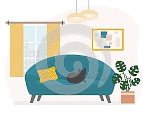 Living room interior with sofa, big monstera plant and window, vector