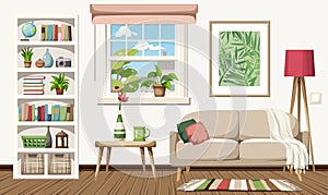 Living room interior with a sofa, a bookcase, and houseplants. Cartoon vector illustration