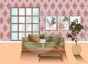 Living room interior. Sofa with coffee table, rack, chair and lamp. A cozy place to read, relax or reflect. Set of