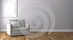 Living Room Interior with sofa and frame, wooden floor on empty white wall background. 3D rendering
