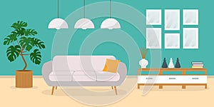 Living room interior with sofa and modern furniture in flat design. Home or house inside. Vector illustration.