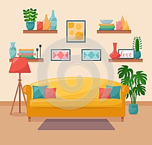 Living room interior. Sofa, shelves, pictures, floor lamp and houseplants, vector illustration