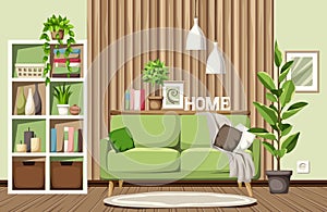 Living room interior with a sofa, a shelving, and wooden slats. Cartoon vector illustration