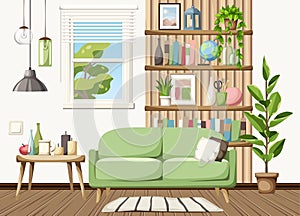Living room interior with a sofa, wooden slats, and a window. Cartoon vector illustration