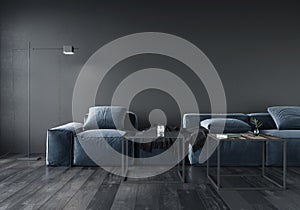 Living room interior with soft minimalist blue sofa