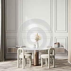 Living room interior with table, four chairs, books and crockery