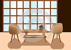 Living room interior. Two armchairs and a table. A cozy place to read, relax or reflect. Set of vector furniture and flowers. Flat