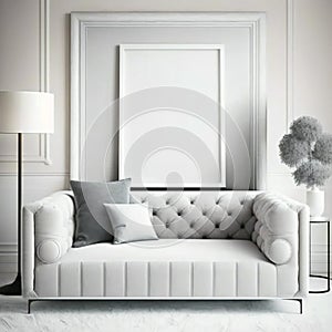 Living room interior with vertical frame layout, elegant luxury furniture, white and gray colors. 3D rendering