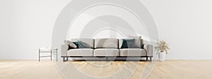 Living room interior wall mock up with gray fabric sofa