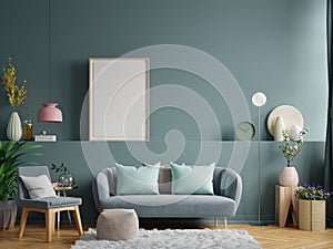 Living room interior wall mockup in bright tones with have sofa and lamp with dark green wall background