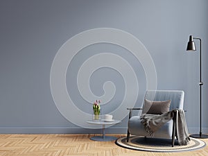 Living room interior room wall mockup in dark tones and blue armchair with coffee table