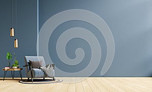 Living room interior room wall mockup in dark tones and blue armchair with coffee table