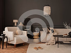 Living room interior with white armchair, beige modular sofa, black coffee table, rug, pillows, slippers, vase with dried flowers