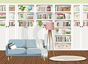 Living room interior with white bookcases. Scandinavian interior design. Cartoon vector illustration photo