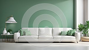 Living room interior - white leather sofa and green wall panel with space