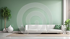 Living room interior - white leather sofa and green wall panel with space