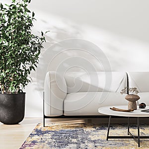 Living room interior with white sofa, big green plant and leaves shadow on wall, 3d rendering.