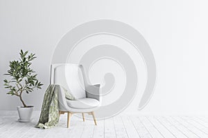 Living room interior with white sofa and flower, white wall mock up background