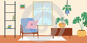 Living room interior with window and macrame plant. Vector illustration.