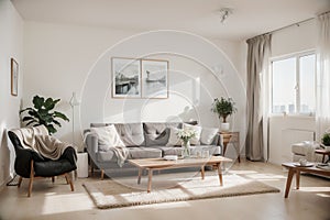 living room interior with windows, curtains, sofa with coffee tables.