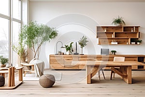 Living room interior with wood elements, green house plants, cozy home