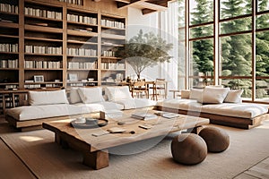 Living room interior with wood elements, green house plants, cozy home