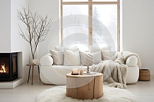 Living room interior with wood elements in rustic style, cozy home