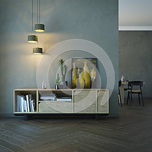 Living room interior with wooden sideboard