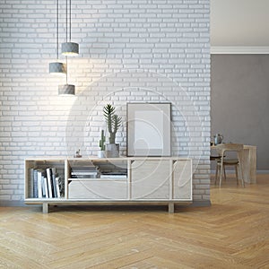 Living room interior with wooden sideboard