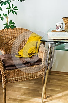 Living room interior woven rattan chair, cushions, knitted sweater, open book, tea cup, green potted plant, cozy atmosphere