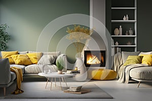 Living room interior in yellow and green color