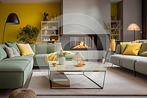 Living room interior in yellow and green color