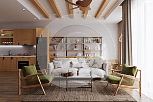 Living room interior design with modern furniture in wooden architectural style trendy fashionable