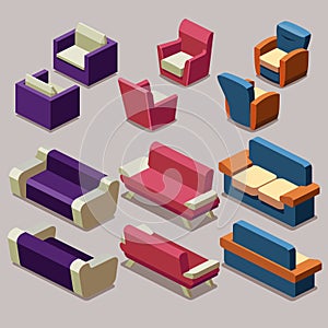 Living room isometric furniture vector set. Sofa and armchairs