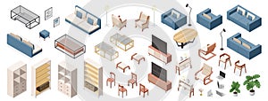 Living room isometric kit. Interior with modern furniture, apartment with sofa armchair coffee table, home decor cartoon