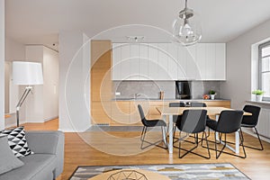 Living room with kitchen and dining area