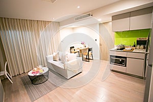 Living-room and kitchen with dining table in condominium.