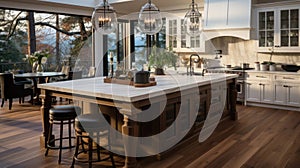 Living room kitchen interior with island, sink, cabinets and wood floors in new luxury English style home.