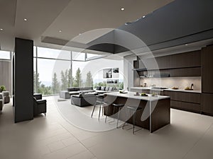 Living Room and Kitchen Layout Interior Design of a Modern House with Minimalistic Design.