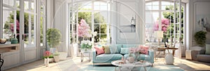 Living room with large French windows overlooking the garden, summer time, cozy living room in pastel colors, banner