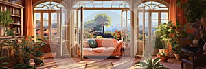 Living room with large French windows overlooking the garden, summer time, cozy living room in pastel colors, banner