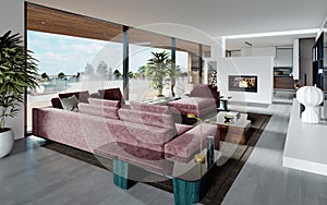 Living room with a large pink sofa and a TV unit with shelves and decor. Living room studio with kitchen and living area. Large