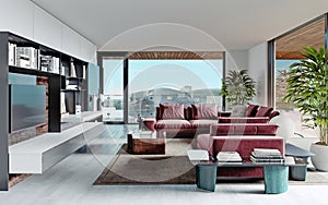 Living room with a large pink sofa and a TV unit with shelves and decor. Living room studio with kitchen and living area. Large