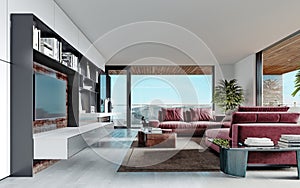 Living room with a large pink sofa and a TV unit with shelves and decor. Living room studio with kitchen and living area. Large