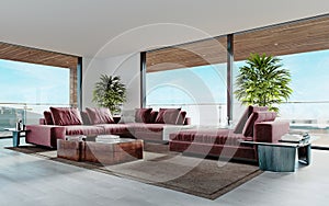 Living room with a large pink sofa and a TV unit with shelves and decor. Living room studio with kitchen and living area. Large
