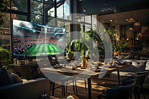 A living room with a large screen tv. Football game on the screen